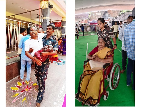 దివ్యాంగులు మరియు వృద్ధుల కోసం సేవలు చేస్తున్న ప్రత్యేక పోలీస్ బృందాన్ని కొనియాడుతున్న భక్తులు