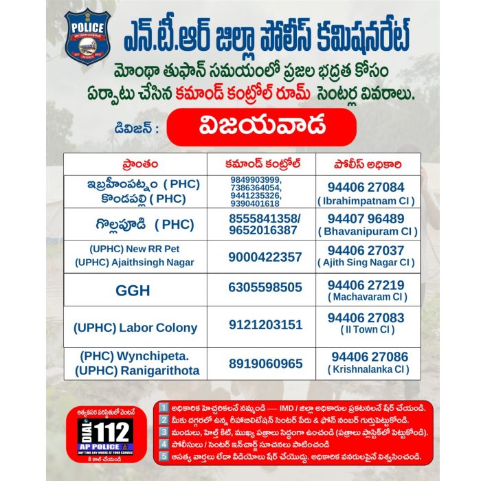 ఎన్. టి. ఆర్. జిల్లా పోలీస్ కమీషనరేట్ లో మొంథా తుఫాన్ సమయంలో ప్రజల భద్రత కోసం ఏర్పాటు చేసిన కమాండ్ కంట్రోల్ రూమ్ సెంటర్ల వివరాలు డివిజన్ : విజయవాడ - 27.10.2025